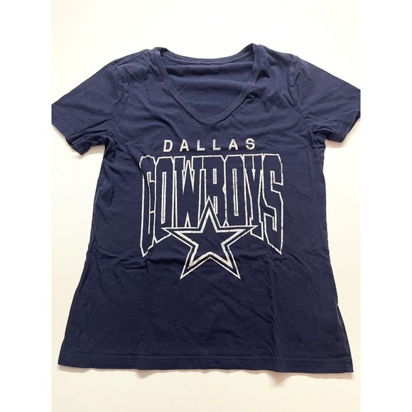 NFL Tops - Dallas Cowboys Womens V-Neck T-Shirt Navy Blue NFL Football Fan Graphic Tee 0276